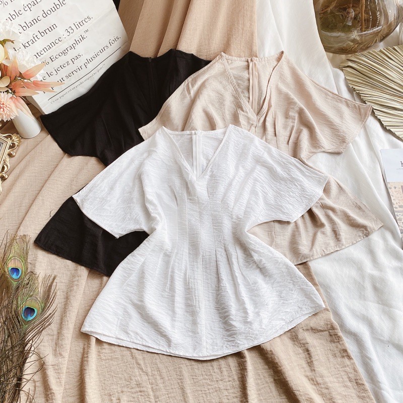Set áo peplum cổ V kèm quần suông linen