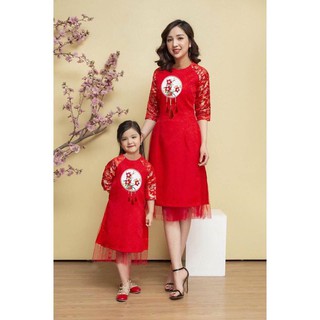 Có 5XL -  AD1729 SET ÁO DÀI CÁCH TÂN MẸ VÀ BÉ ĐÍNH HOA TAY GẤM PHỐI VÁY LƯỚI ( không kèm mấn) bigsize