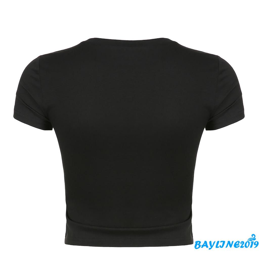 Áo thun lửng tay ngắn cổ tròn ôm dáng họa tiết chữ đính kim sa thời trang mùa hè dành cho nữ