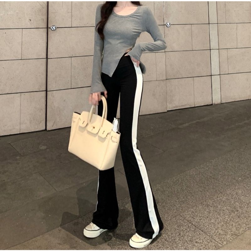 Quần ống loe thun legging bigsize nữ 1 sọc trắng lưng cao gen bụng vải cotton co dãn 4 chiều siêu tôn dáng