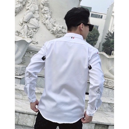 Sơ Mi Thom Browne LAM'S STORE thêu hình họa tiết xanh ,trắng ,chất vải gai cao cấp thoáng mat thấm hút mồ hôi