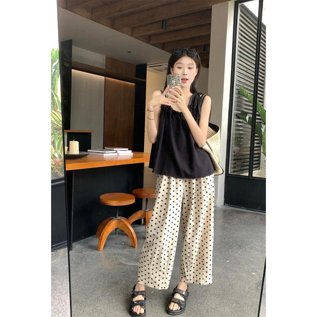 Bộ Áo Đen Cột Dây + Quần Dài Chấm Bi Ống Rộng Thời Trang 65825