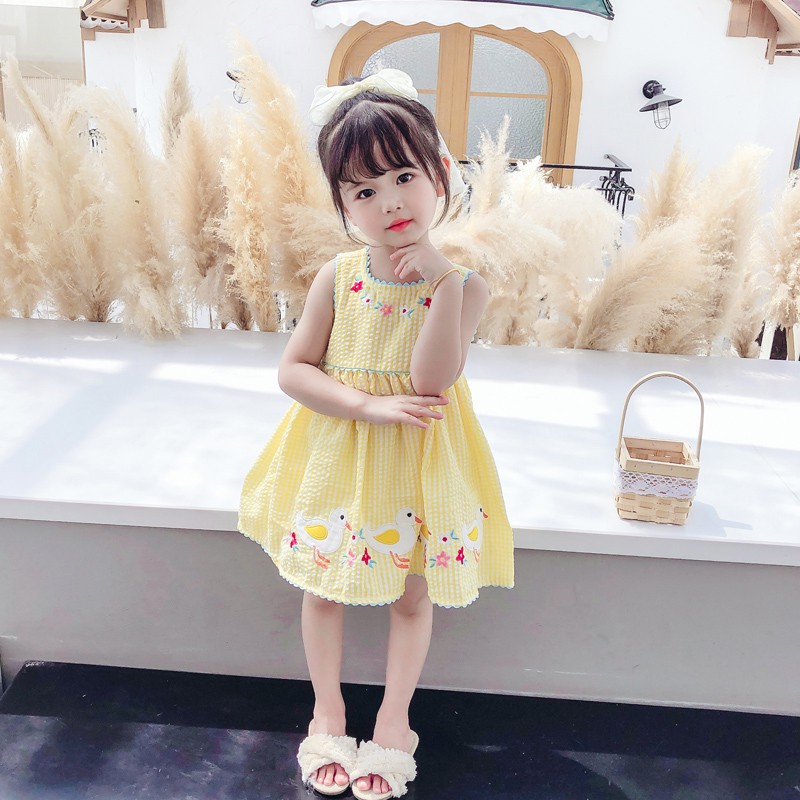 Đầm công chúa thêu hình vịt con thời trang mùa hè phong cách Hàn Quốc dành cho bé gái