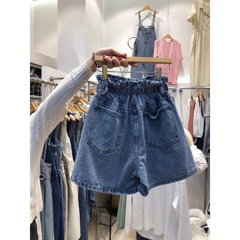 Quần short jean lưng chun hàn quốc ống rộng hai màu phối nút