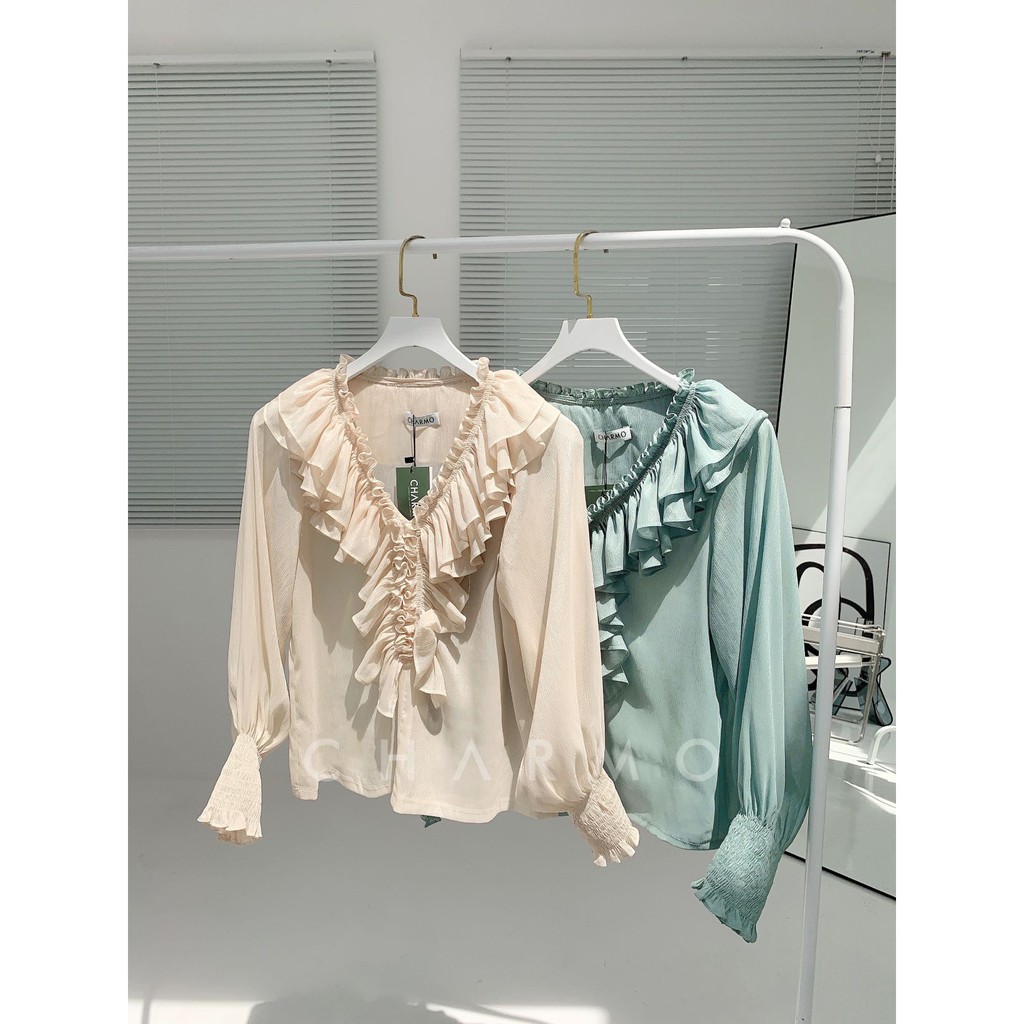 Áo voan kiểu CHARMO cổ bèo chất lụa dệt kim êm ái freesize Ruffle String Top