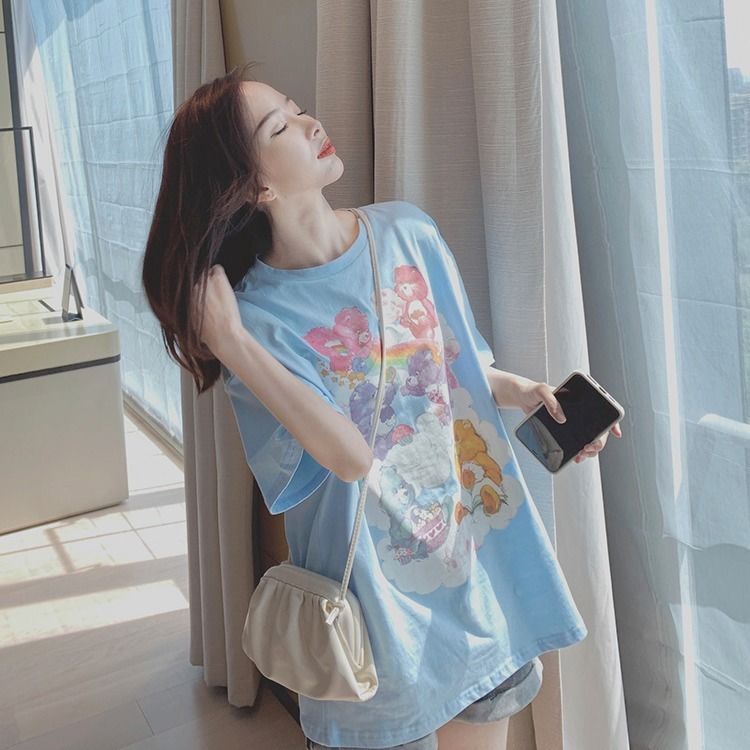 Jiashucheng Áo Thun Cotton Tay Ngắn Dáng Rộng In Hình Gấu Màu Xanh Dương Thời Trang Mùa Hè 2023 Mới Cho Nữ