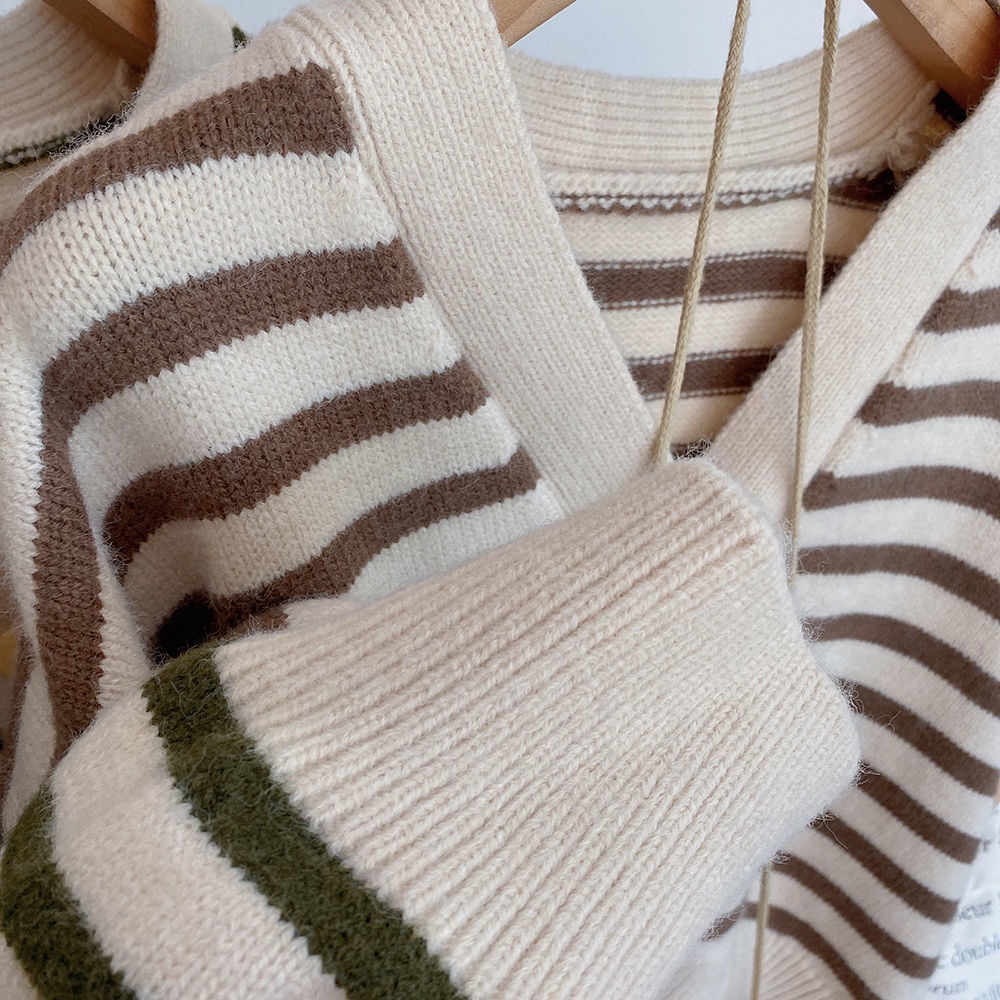 Áo Khoác Cardigan Len Dệt Kim Cổ Chữ V Dáng Rộng Mềm Mại Họa Tiết Kẻ Sọc Phong Cách Hàn Quốc Dành Cho Nữ