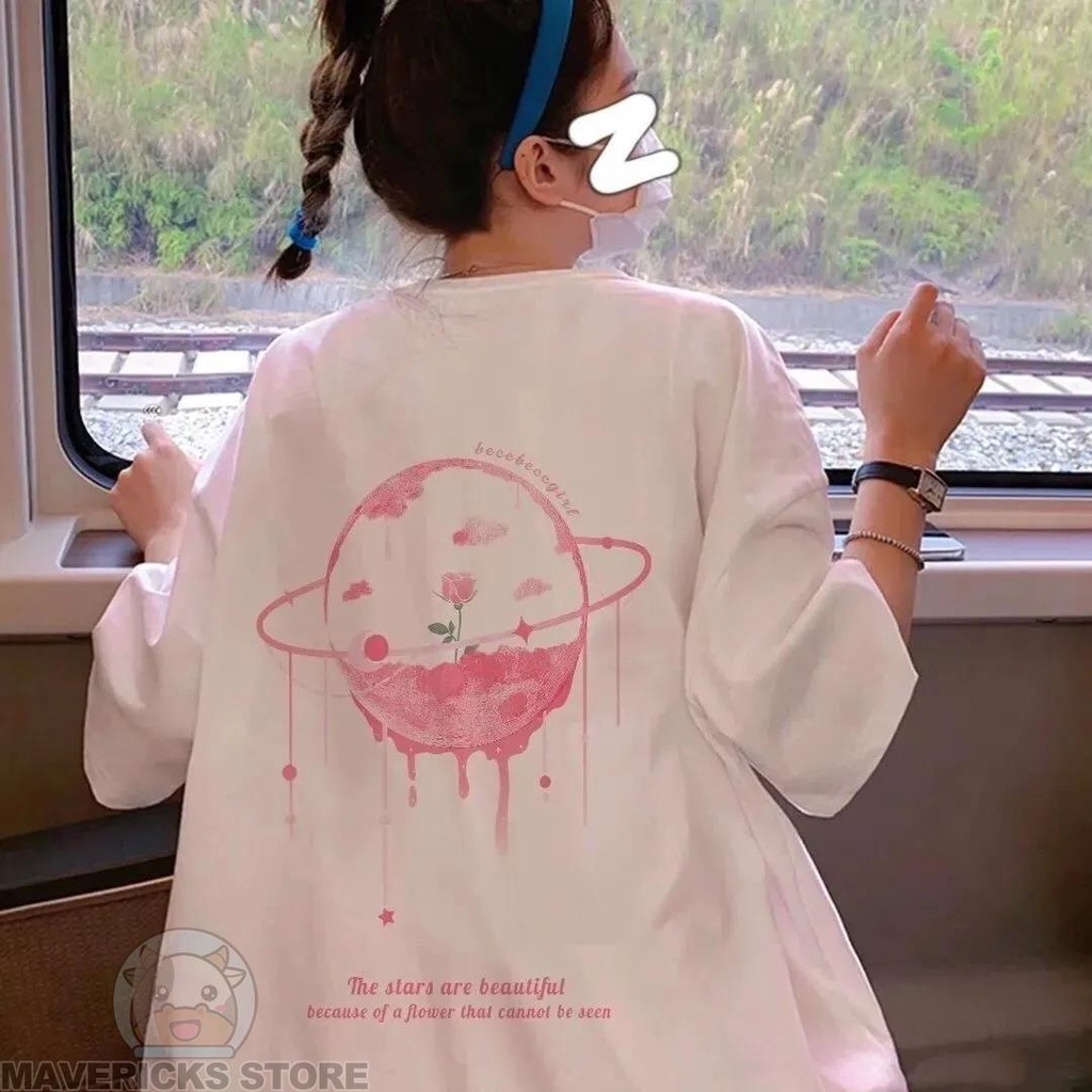 Áo Thun Cotton Tay Ngắn Dáng Rộng In Hình Hành Tinh Màu Hồng Thời Trang Mùa Hè Cho Nữ