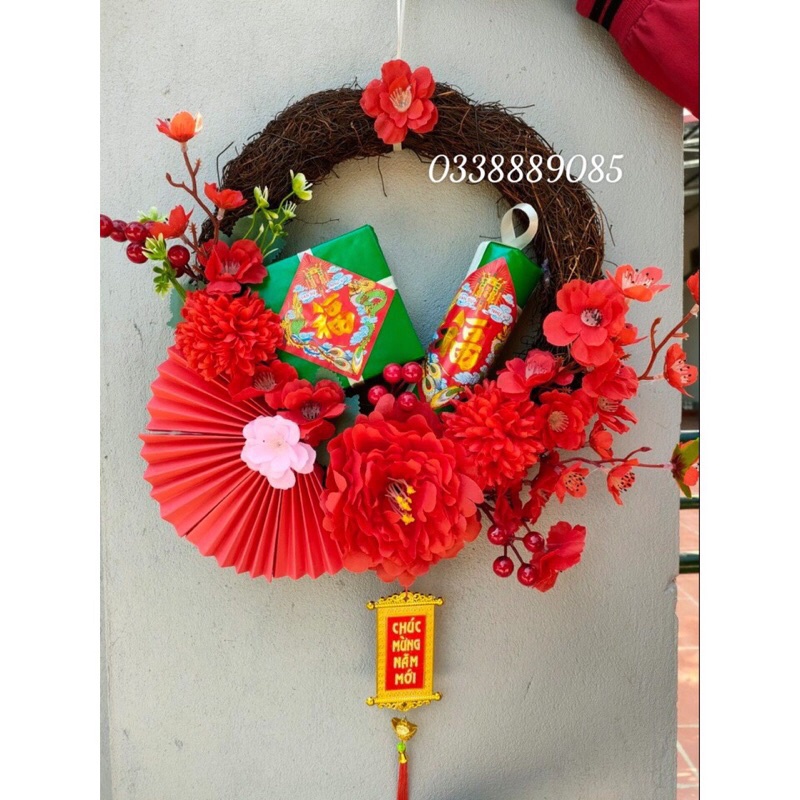 Vòng hoa Tết hoa đào ,hoa mẫu đơn bánh chưng, bánh tét trang trí tết 2022