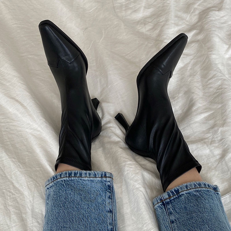☇Giày Boot Cao Gót Mũi Vuông Phong Cách Retro Hàn Quốc
