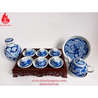 Bộ ấm chén Bát Tràng men lam vẽ long ẩn