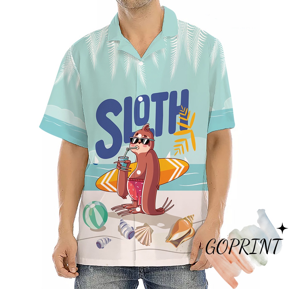 Áo sơ mi nam nữ ngắn tay Hawaii hoạ tiết chú lười và ván lướt sóng đi chơi hè du lịch biển Sloth đáng yêu