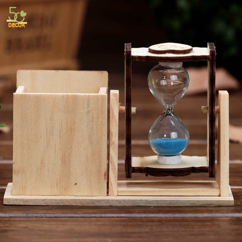 Ống đựng bút gỗ kèm đồng hồ cát, ống cắm bút để bàn, trang trí bàn học, decor phòng làm việc, quà tặng, quà lưu niệm