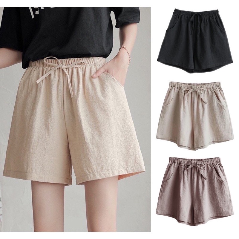 Quần shorts nữ đẹp ống rộng cạp chun chất đũi