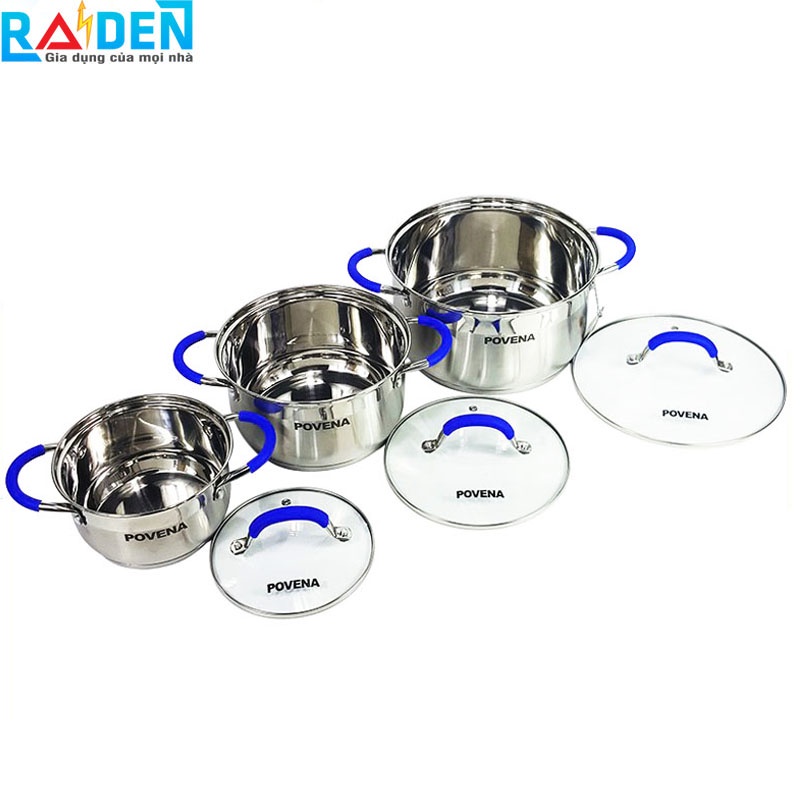 Bộ 3 nồi 5 đáy inox Povena PVN-C5 không bị nổi đáy, dùng được trên bếp ga, bếp hồng ngoại, bếp từ