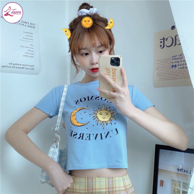 Áo croptop nữ ngắn tay ZOZORO ôm form in hình COSMOS UNIVERSE chất vải đẹp mát - AT09