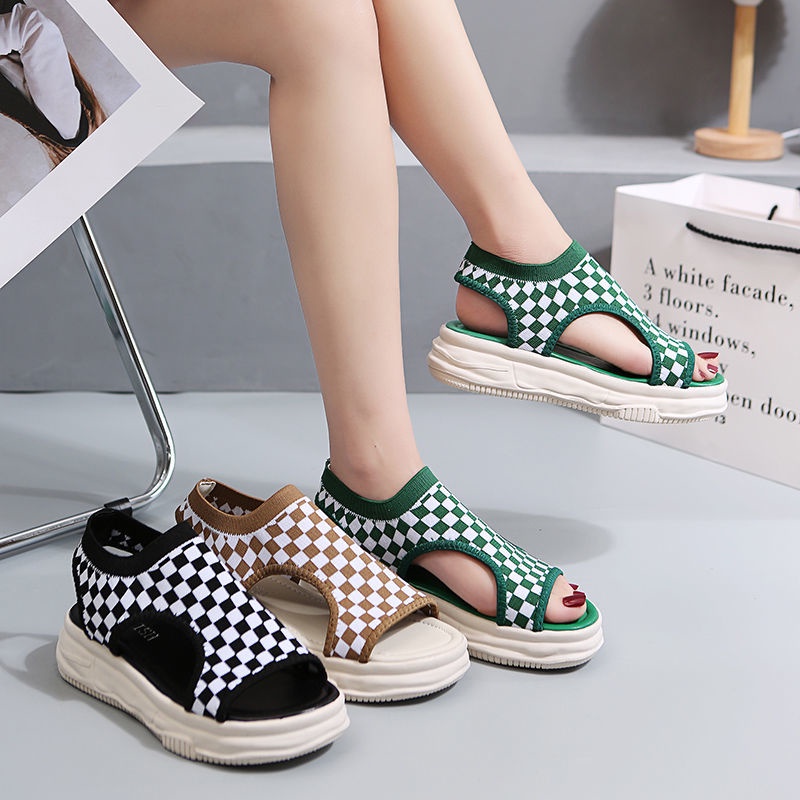 Oeggeo shop Xăng đan Dệt Kim Đế Dày Thoáng Khí Kẻ Sọc Cho Nữ