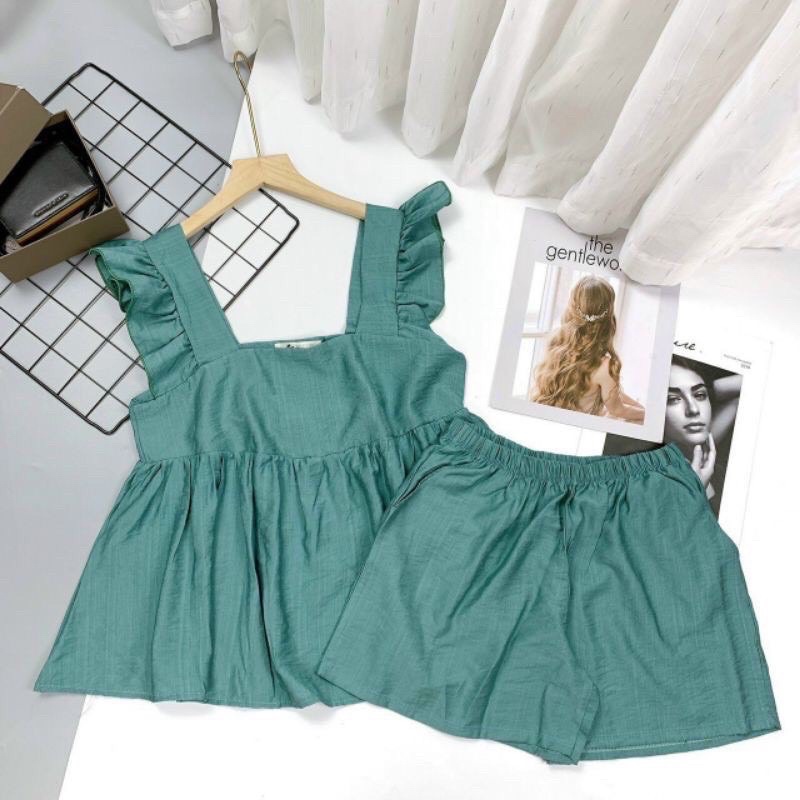 Bộ ngủ babydoll cánh tiên kèm quần xinh xắn -  Sét áo tay cánh tiên chất đũi mát dạo phố xinh xắn 4 màu