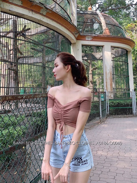 Áo thun gân bẹt vai dây rút dáng croptop siêu xinh - Colory Shop