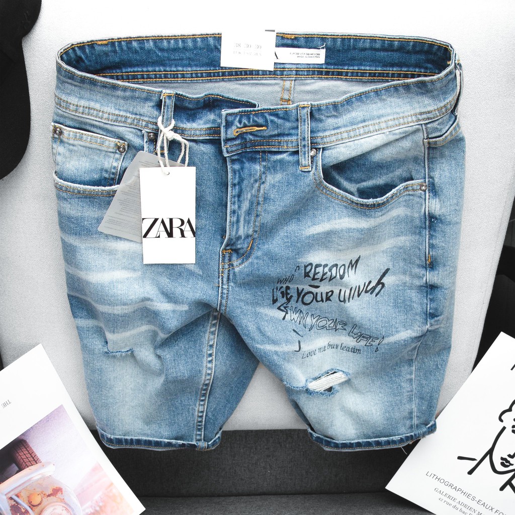 Quần Short Jean Nam ZARA hàng VNXK form slim ngang gối rách