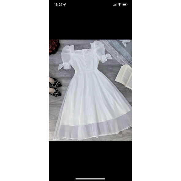 Đầm Nữ Dáng Dài Màu Trắng Tay Bồng Phối Ngực Chất Voan Tay Đính Nơ Điệu Đà Phù Hợp Đi Chơi