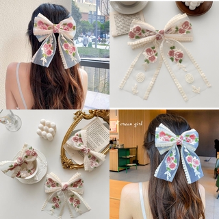 Kẹp tóc hai lớp hình nơ họa tiết hoa nhí dễ thương Hàn Quốc cho nữ