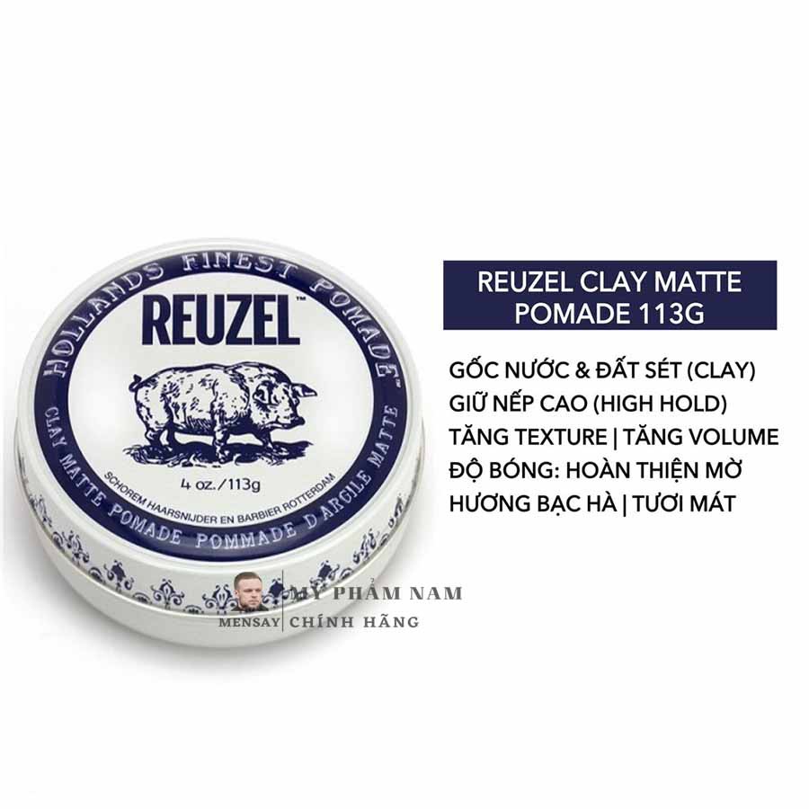 Sáp vuốt tóc Reuzel Clay Matte Pomade, Pomade Reuzel Clay Matte chính hãng Hà Lan, Pomade heo trắng xanh 113g