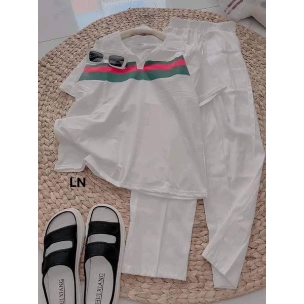 Sét áo polo vạch xanh đỏ +quần kaki xuông LN12