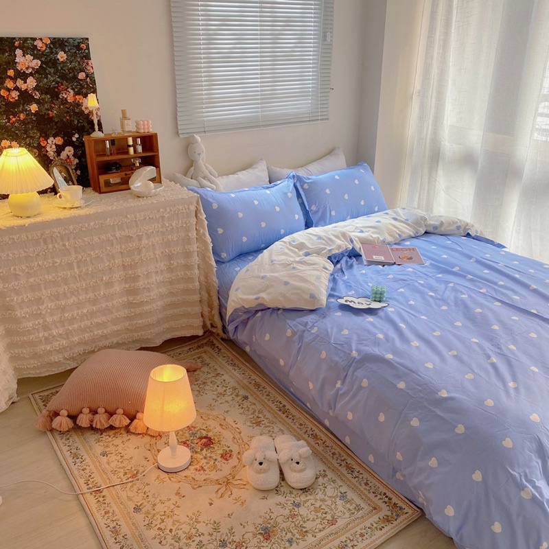 Bộ chăn ga gối Cotton Poly hoạ tiết tim phối màu xám vàng xanh hồng MÂY BEDDING đủ kích thước nệm