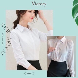 Áo sơ mi trắng basic nữ VICTORY tay dài công sở dáng ôm, vải cotton Nhật ít nhăn, thấm hút mồ hôi tốt SKU 901