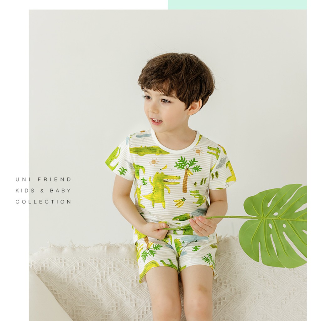 Bộ bé trai uniFriend Hàn quốc ngắn tay bamboo cotton - Beach crocodile