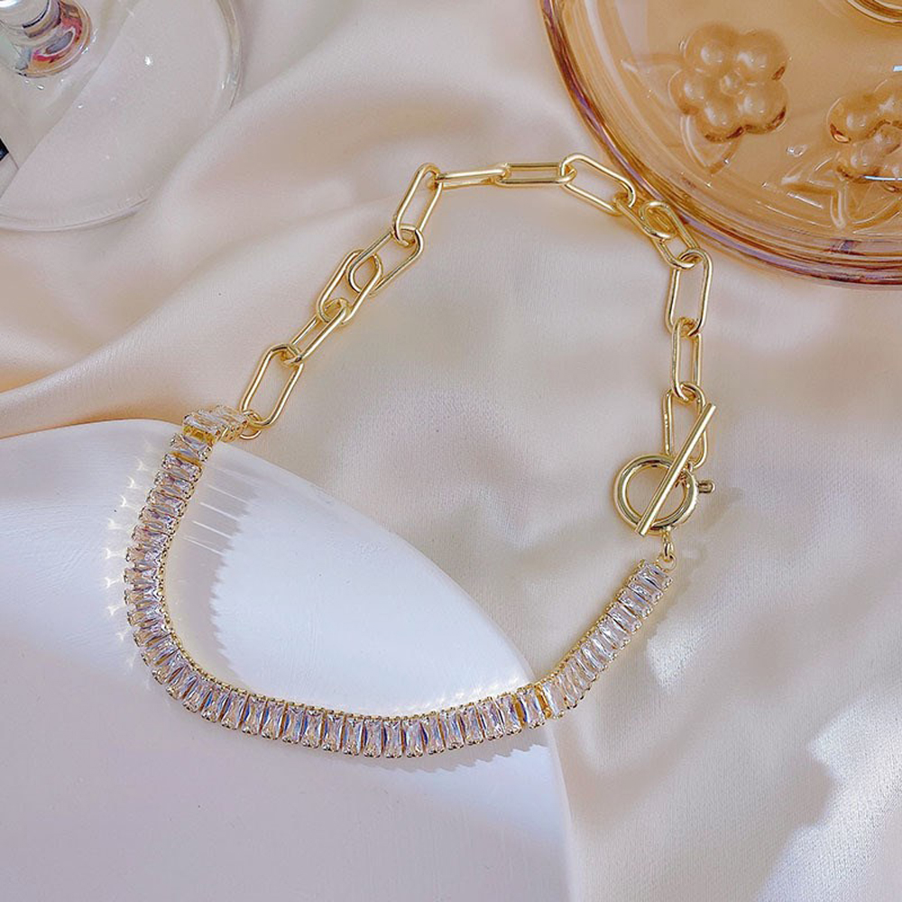 Vòng cổ choker hình học sợi xích dày cường điệu ghé dây đá zircon cổ điển thiết kế khóa cài nhiều màu sắc cho nữ