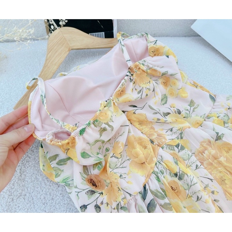 Đầm maxi hoa hai dây dập ly, váy maxi di biển hai dây 3 màu sang