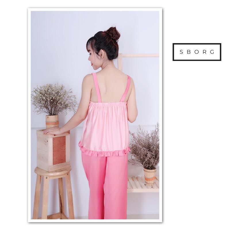 Đồ bộ mặc nhà SBORG đồ ngủ 2 dây lụa satin nơ vai viền bèo cute quần dài ống rộng freesize dưới 56kg quà tặng vợ fly sun