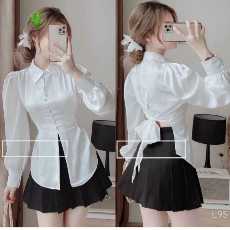 Áo sơ mi tiểu thư nút cài   (vạt áo xẻ giữa) lưng cột nơ siêu xinh  cao cấp