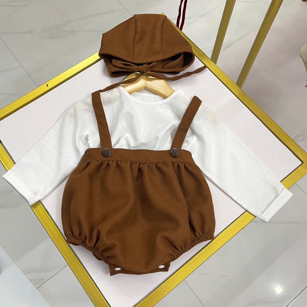 Body cho bé trai, bé gái Nina Kids Boutique Body yếm em bé sơ sinh Size 0m 24m Màu nâu phối áo trắng Kèm mũ và áo rời