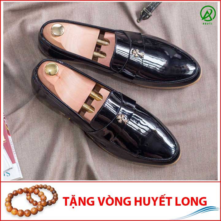 Giày Lười Nam Đẹp Đế Khâu Chữ Thập Da Bóng Màu Đen - M95(HL)-Tặng Vòng Gỗ Huyết Long