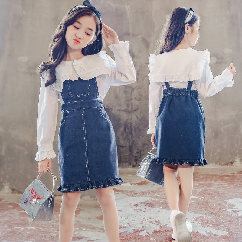 Set Đồ 2 Món Gồm Áo Mùa Xuân + Đầm Yếm Denim Cho Bé Gái 6 8 12 Tuổi