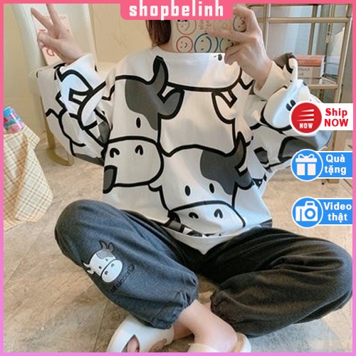 Bộ ngủ thu đông dài tay nữ mặc ở nhà, pijama hoạ tiết trái tim, bò sữa đáng yêu - shopbelinh