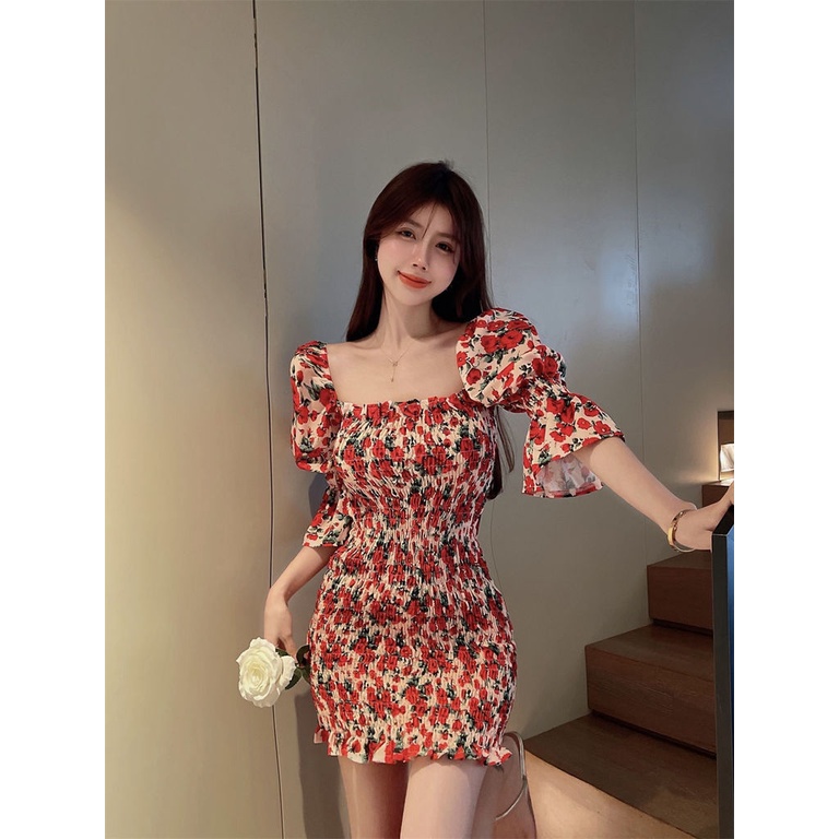 Đầm Tay Phồng Cổ Vuông Họa Tiết Hoa Thời Trang Mùa Hè Phong Cách Mới