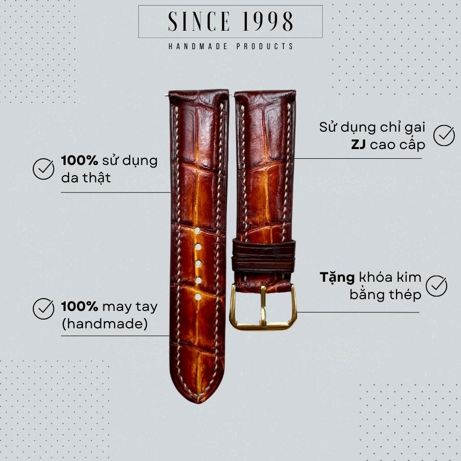 Dây Đồng Hồ Da Cá Sấu Nam 20mm 22mm, Da Thật, Handmade, Chống Nước, Chính Hãng, Màu Patina, Bảo Hành 12 Tháng