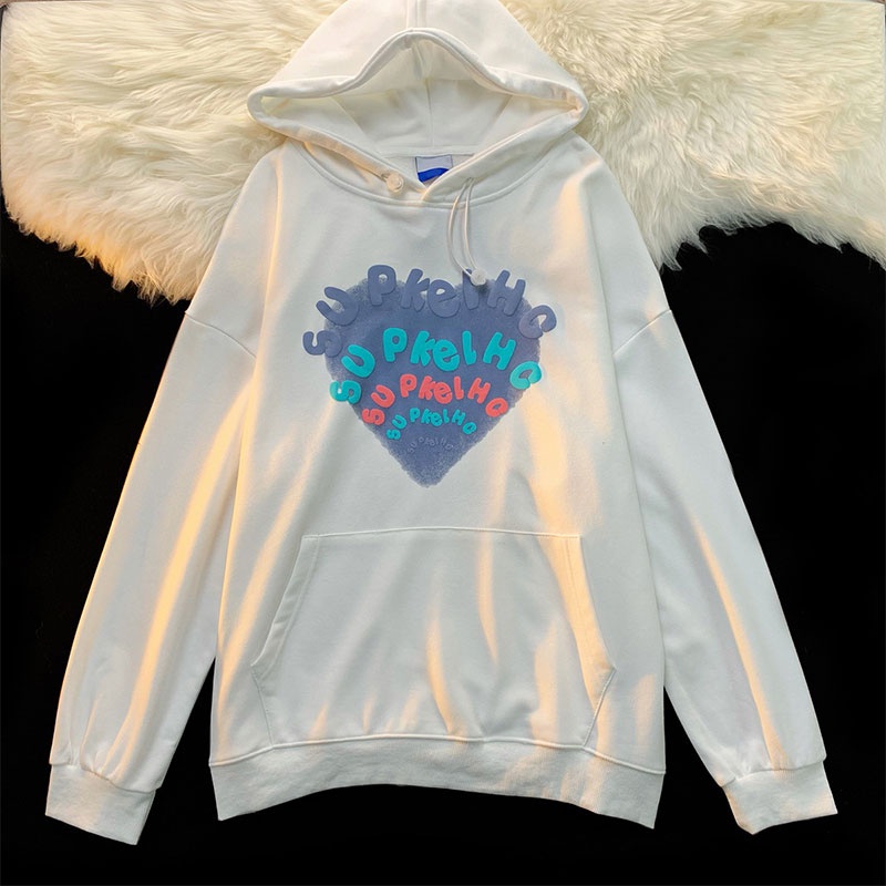 Áo hoodie XINLANYASHE dáng rộng cỡ lớn dày dặn in họa tiết trái tim và chữ cho cặp đôi