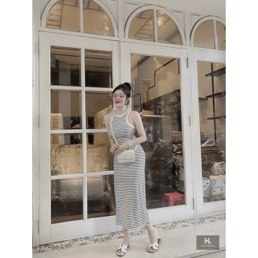 Đầm maxi sọc 3 lỗ, đầm body sát nách sọc ngang dáng dài chất thun gân dày dặn, mặc trẻ trung