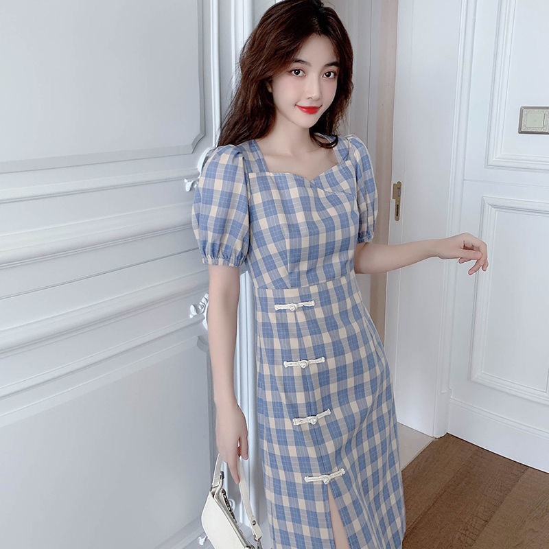 Đầm sườn xám chiều dài vừa phải ôm eo vừa vặn kẻ sọc caro xanh lam retro mới mùa hè