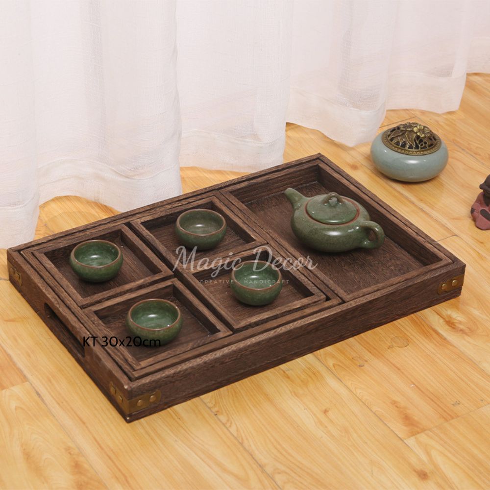 Khay trà gỗ, đựng ấm chén, đựng đồ ăn bằng gỗ chia ngăn gỗ tự nhiên cao cấp