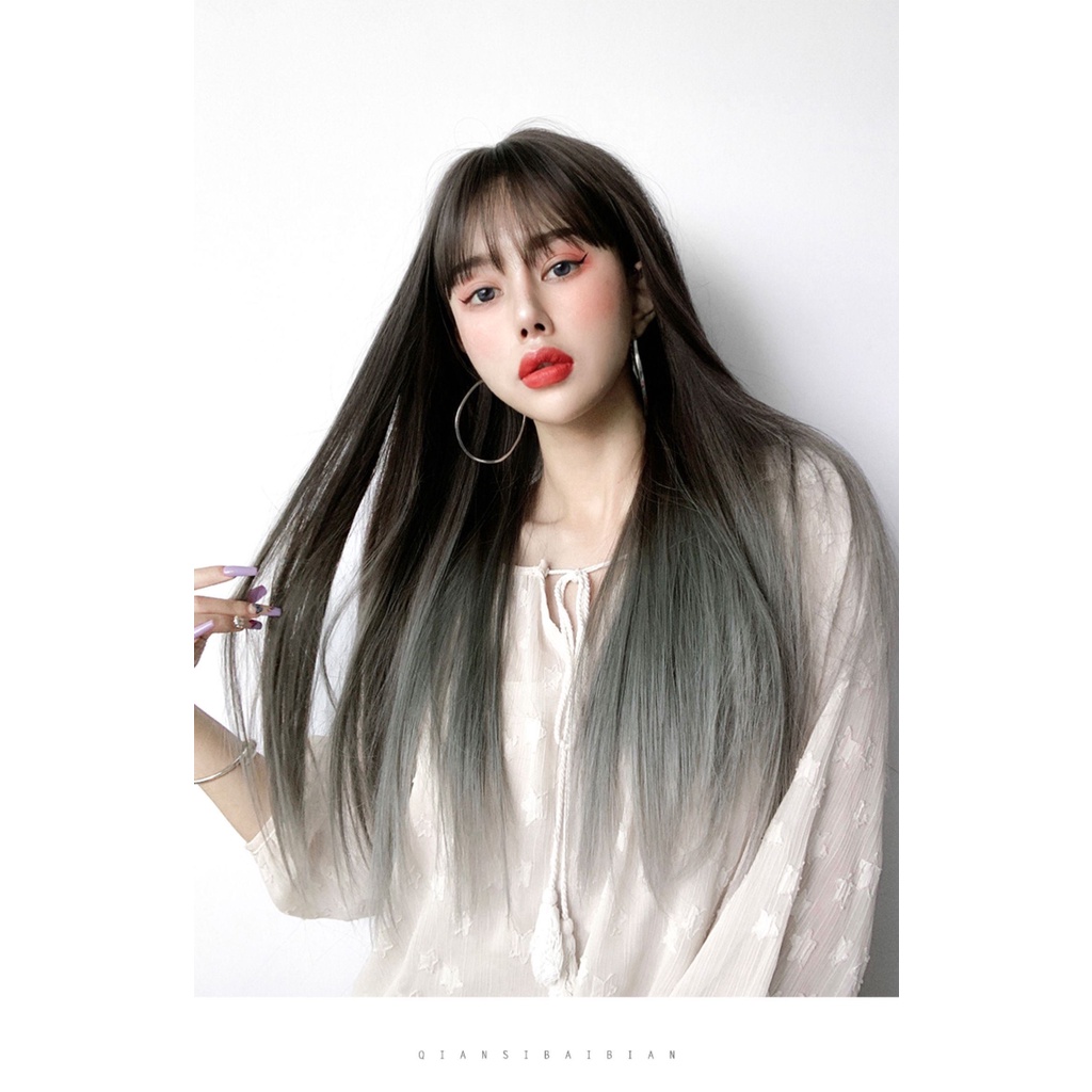 Tóc gia nữ đẹp 🤩FREESHIP🤩 Tóc giả nguyên đầu thẳng omber xanh rêu