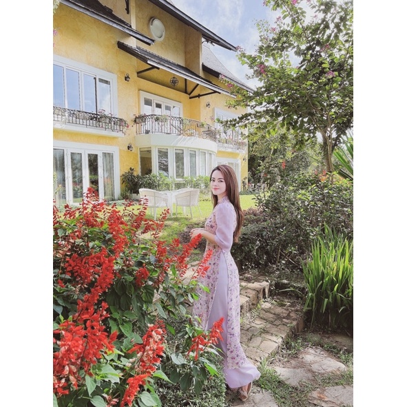 Áo dài hoa nhí Mai Yên LINN design, màu tím nàng thơ, mặc chụp ảnh, đi tiệc cuối năm, lễ hội, ăn cưới