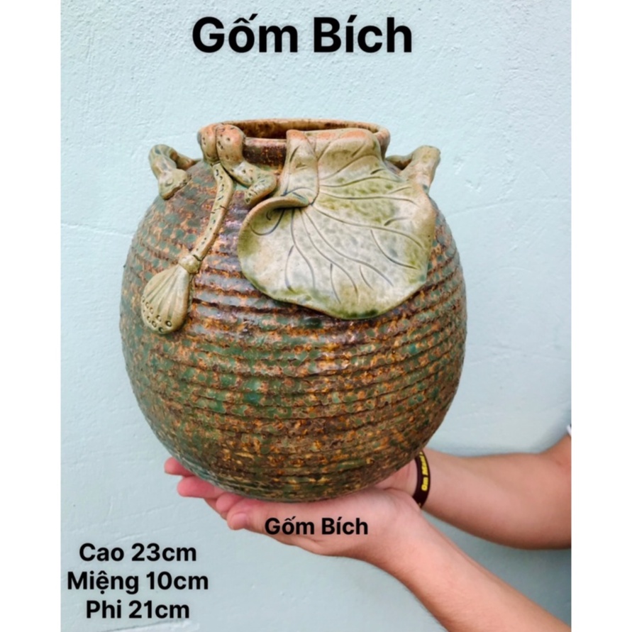 Bình Hoa Lọ Hoa Dáng Tròn Đắp Lá Sen Nổi Thủ Công Men Mộc Gốm Sứ Bát Tràng - Gốm Bích