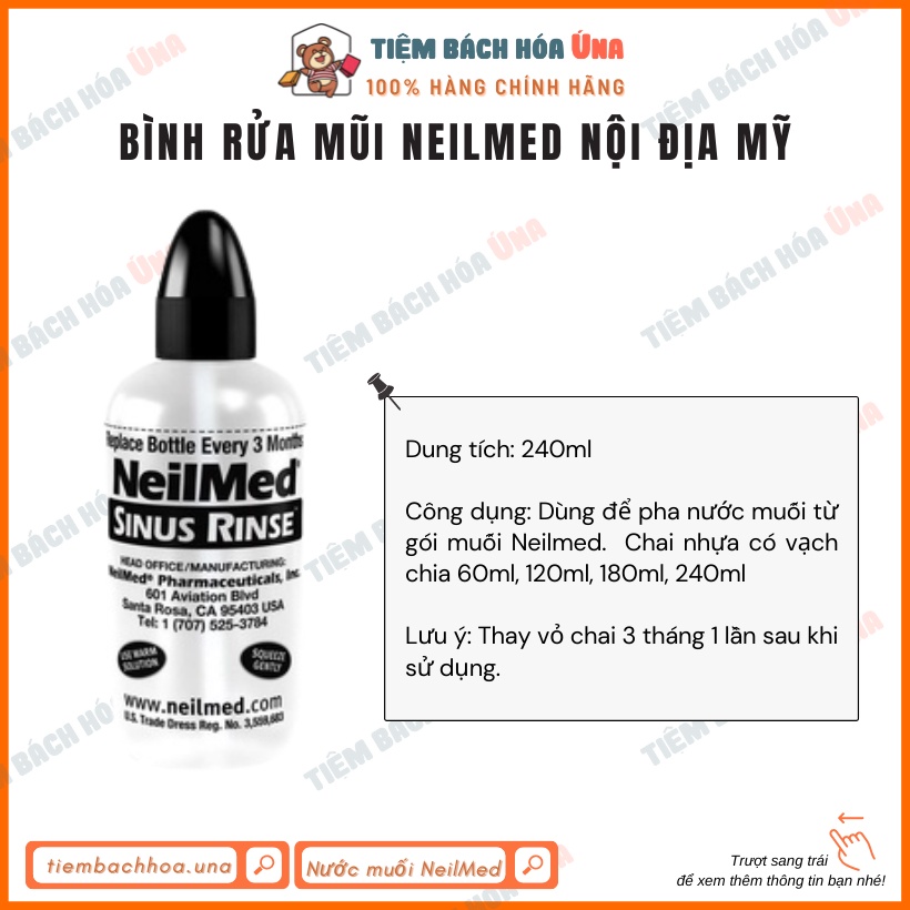 Bình Rửa Mũi 240ml kèm 10 30 50 gói muối Neilmed nội địa Mỹ