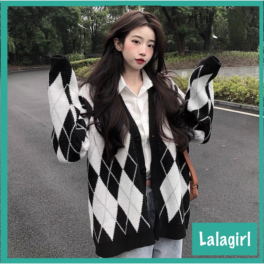 Áo cadigan oversize hoạ tiết kim cương, áo khoác len cardigan dáng rộng họa tiết thổ cẩm cho nữ